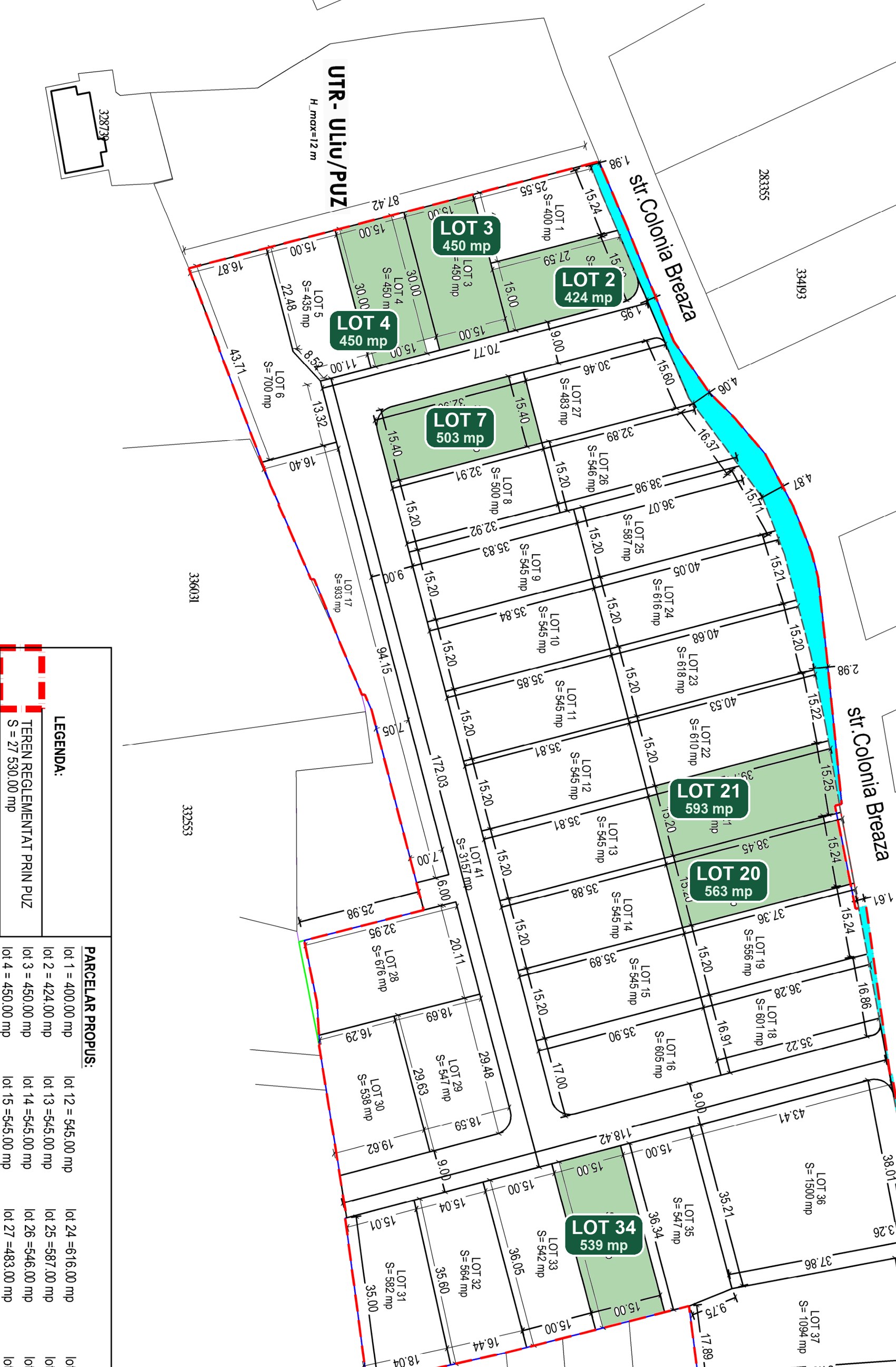 Plan parcelar PUZ — cele 7 parcele de vânzare marcate cu verde